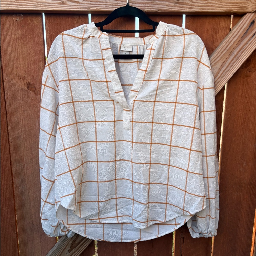 a new day Cream and Tan Grid Blouse